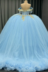 Ball Gown Off Shoulder Sleeveless Beaded Gold Appliques Pleated Glitter Sky Blue Tulle Quinceanera Dress Birthday Party Dress For Sweet 16